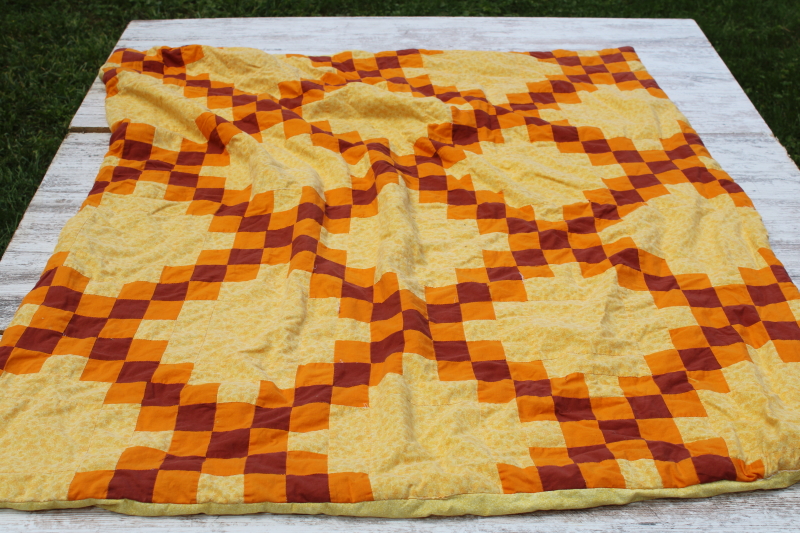 photo of fall colors mustard gold, orange, brown patchwork mini quilt, lap blanket or wall blanket #1