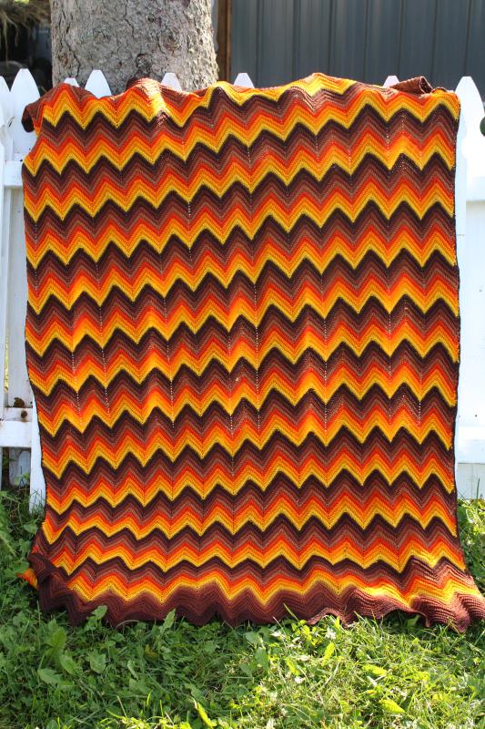 photo of fall colors vintage wool afghan, handmade crochet throw blanket for harvest season #1