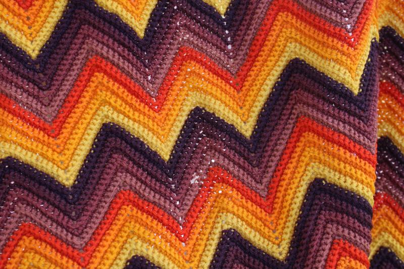 photo of fall colors vintage wool afghan, handmade crochet throw blanket for harvest season #2