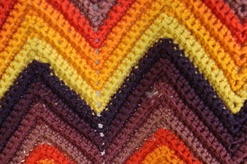 photo of fall colors vintage wool afghan, handmade crochet throw blanket for harvest season #3