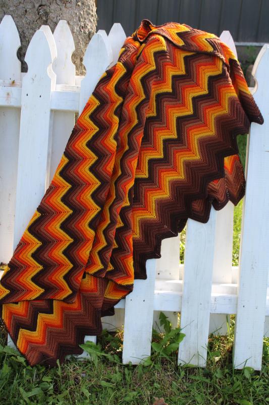 photo of fall colors vintage wool afghan, handmade crochet throw blanket for harvest season #4