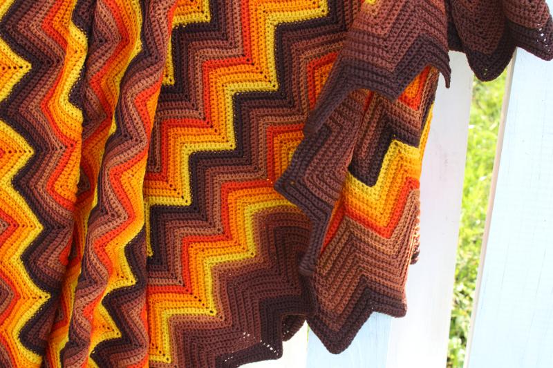 photo of fall colors vintage wool afghan, handmade crochet throw blanket for harvest season #5