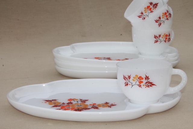photo of fall flowers vintage milk glass snack sets, Blossom pattern Federal glass in original box #3