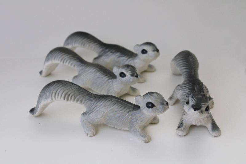 photo of family of wall climber hanging squirrels, vintage Japan ceramic figurines grey squirrel #1