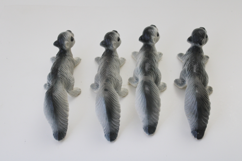 photo of family of wall climber hanging squirrels, vintage Japan ceramic figurines grey squirrel #2