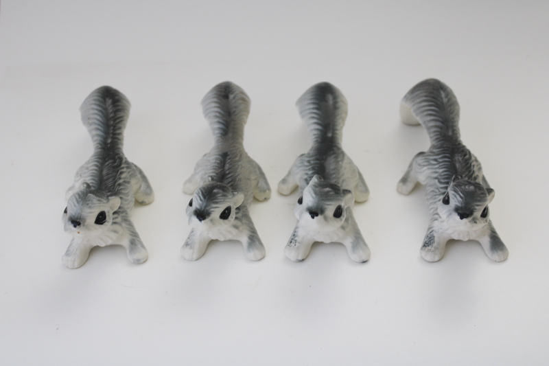 photo of family of wall climber hanging squirrels, vintage Japan ceramic figurines grey squirrel #5