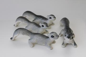 family of wall climber hanging squirrels, vintage Japan ceramic figurines grey squirrel