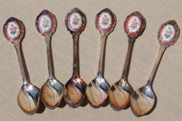 catalog photo of fancy china cameo silver plate coffee spoons, vintage demitasse set