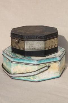 catalog photo of fancy shabby vintage tins, metal sewing box & candy / cookies tin