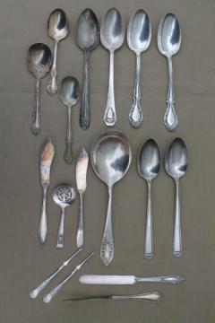 catalog photo of fancy vintage silver plate serving pieces, mixed patterns silver plated flatware lot