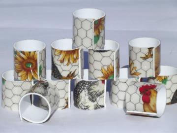 catalog photo of farm country chickens plastic napkin rings, rooster and chicken wire print