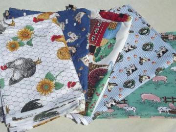 catalog photo of farm country prints cotton fabric lot, chicken wire, roosters, cow print 