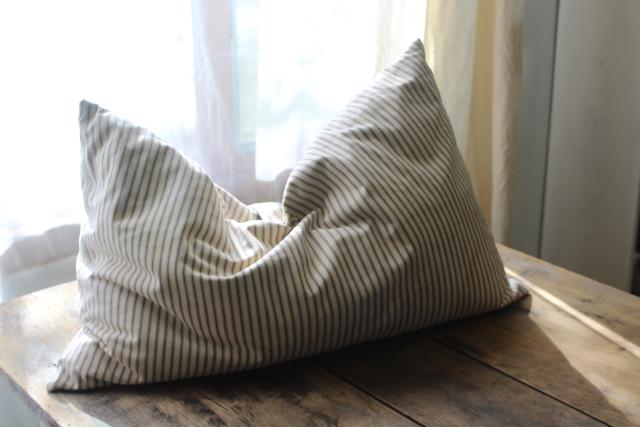 photo of farmhouse country primitive vintage feather pillow, old indigo blue striped cotton ticking #1