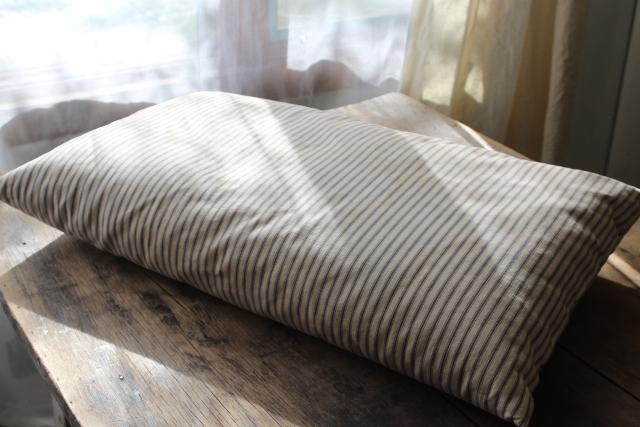 photo of farmhouse country primitive vintage feather pillow, old indigo blue striped cotton ticking #2