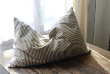 catalog photo of farmhouse country primitive vintage feather pillow, old indigo blue striped cotton ticking