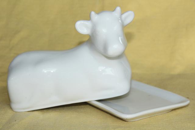 photo of farmhouse kitchen butter dish, white ironstone china cow cover w/ butter plate #4