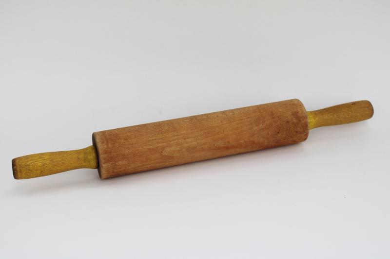 photo of farmhouse kitchen vintage wooden rolling pin, hardwood w/ old yellow painted handles #2