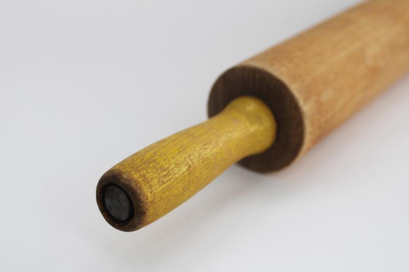 photo of farmhouse kitchen vintage wooden rolling pin, hardwood w/ old yellow painted handles #4