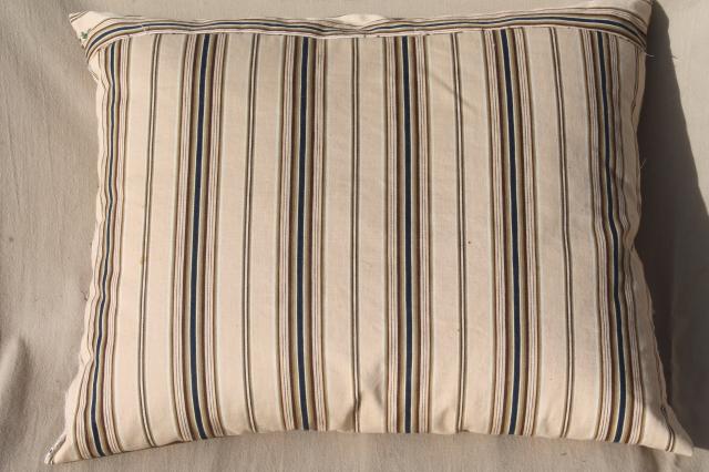 photo of farmhouse primitive vintage feather pillow w/ wide stripe brown cotton ticking fabric #1