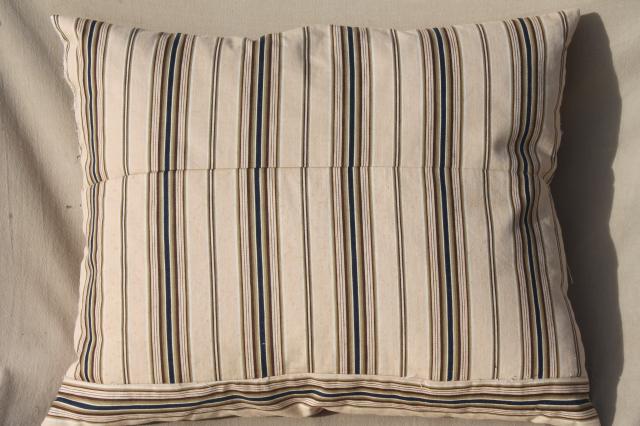 photo of farmhouse primitive vintage feather pillow w/ wide stripe brown cotton ticking fabric #2