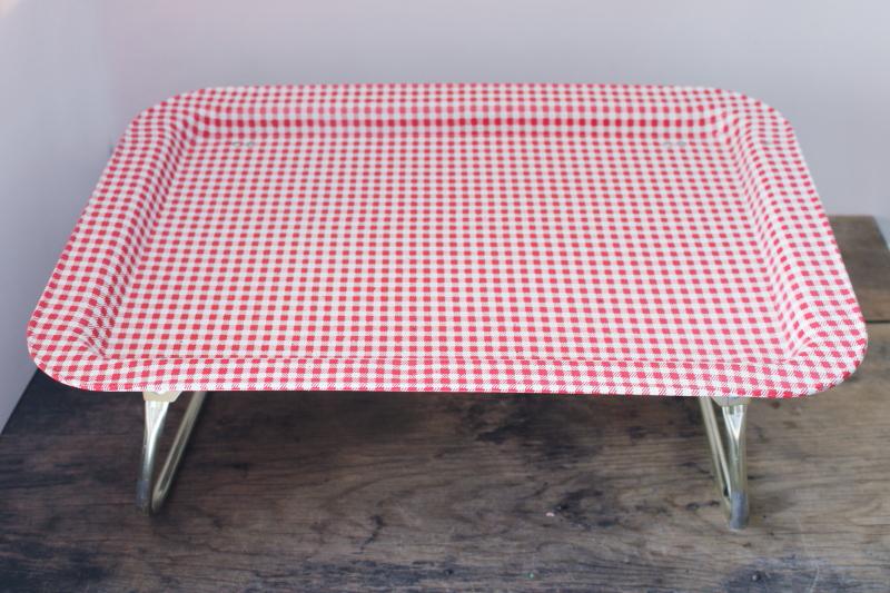 photo of farmhouse red gingham print metal lap tray, folding vintage bed tray or TV dinner tray #1