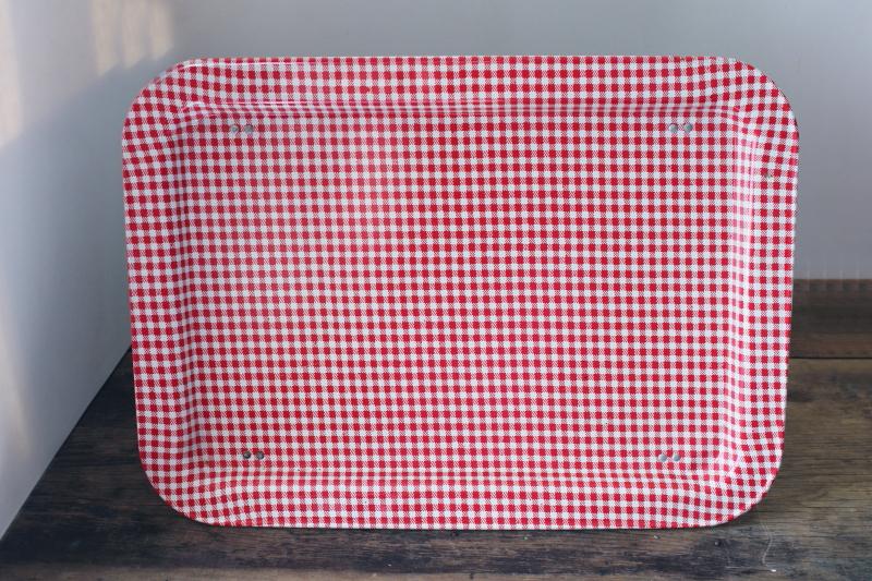 photo of farmhouse red gingham print metal lap tray, folding vintage bed tray or TV dinner tray #2
