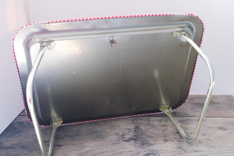photo of farmhouse red gingham print metal lap tray, folding vintage bed tray or TV dinner tray #4