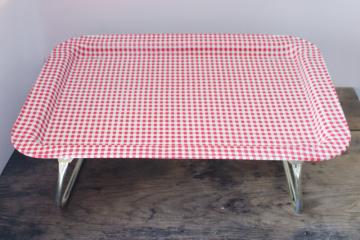 catalog photo of farmhouse red gingham print metal lap tray, folding vintage bed tray or TV dinner tray