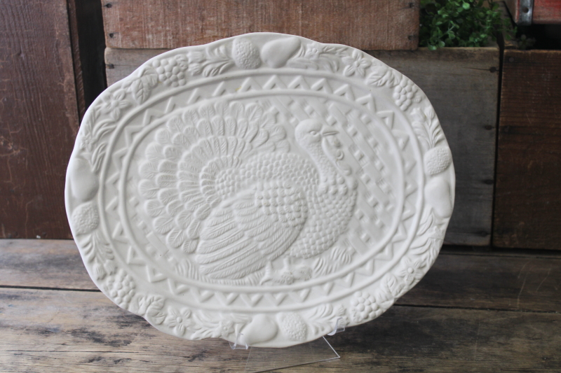 photo of farmhouse style vintage all white ceramic platter w/ embossed turkey #1