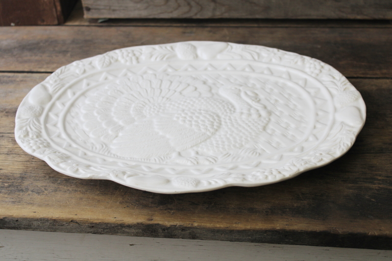 photo of farmhouse style vintage all white ceramic platter w/ embossed turkey #5