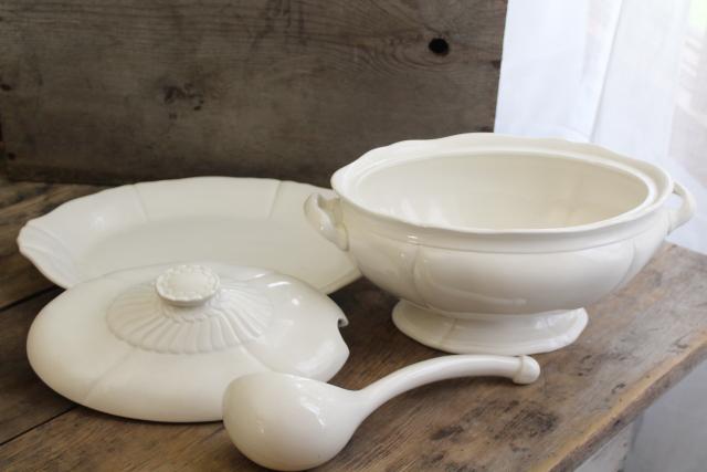 photo of farmhouse style vintage ceramic tureen w/ classic white ironstone style #4