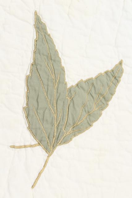 photo of farmhouse style vintage cotton quilt w/ applique leaves, soft natural greens on white #2