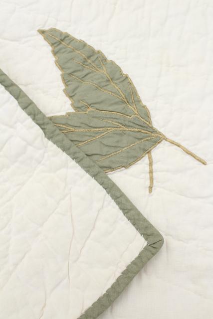 photo of farmhouse style vintage cotton quilt w/ applique leaves, soft natural greens on white #3