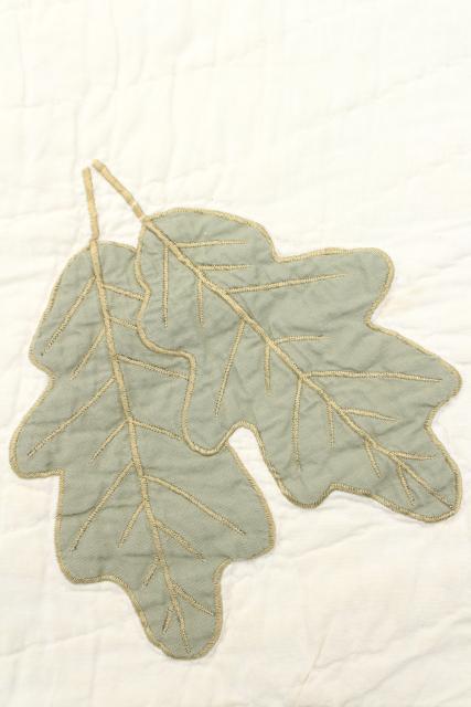 photo of farmhouse style vintage cotton quilt w/ applique leaves, soft natural greens on white #4