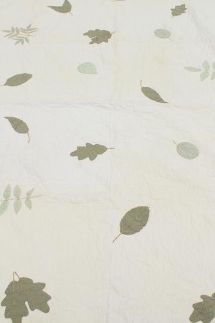 photo of farmhouse style vintage cotton quilt w/ applique leaves, soft natural greens on white #8