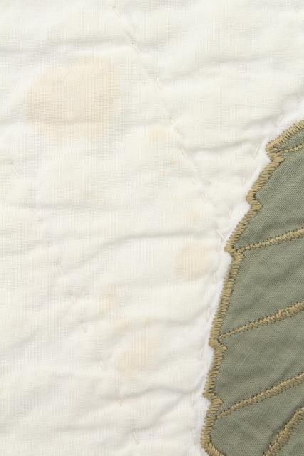 photo of farmhouse style vintage cotton quilt w/ applique leaves, soft natural greens on white #11