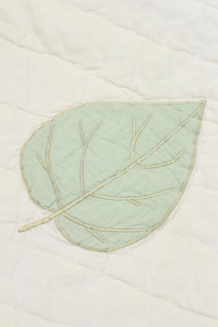 photo of farmhouse style vintage cotton quilt w/ applique leaves, soft natural greens on white #12