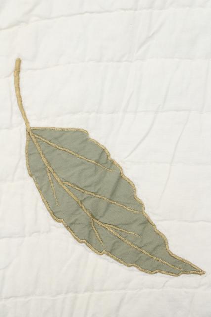 photo of farmhouse style vintage cotton quilt w/ applique leaves, soft natural greens on white #13