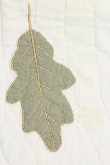 photo of farmhouse style vintage cotton quilt w/ applique leaves, soft natural greens on white #14