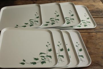 catalog photo of farmhouse style vintage metal tray set, eight square trays white w/ ivy