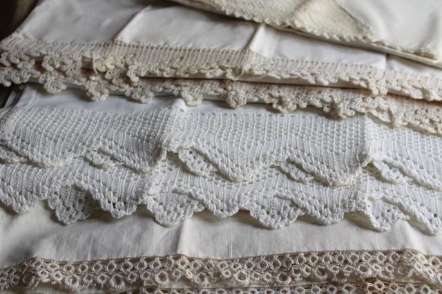 photo of farmhouse vintage all white cotton pillowcases w/ tatting & crochet lace edgings #10