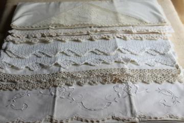 catalog photo of farmhouse vintage all white cotton pillowcases w/ tatting & crochet lace edgings