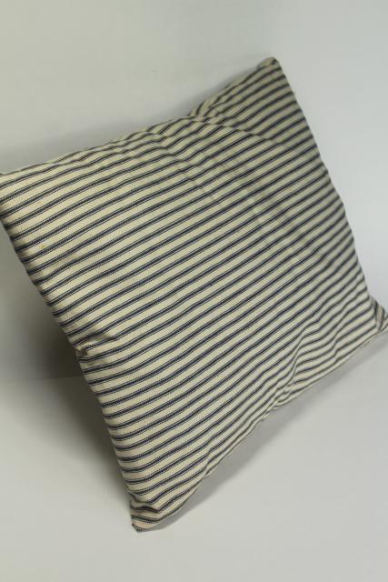 photo of farmhouse vintage feather pillow chair seat, old indigo blue striped cotton ticking #1