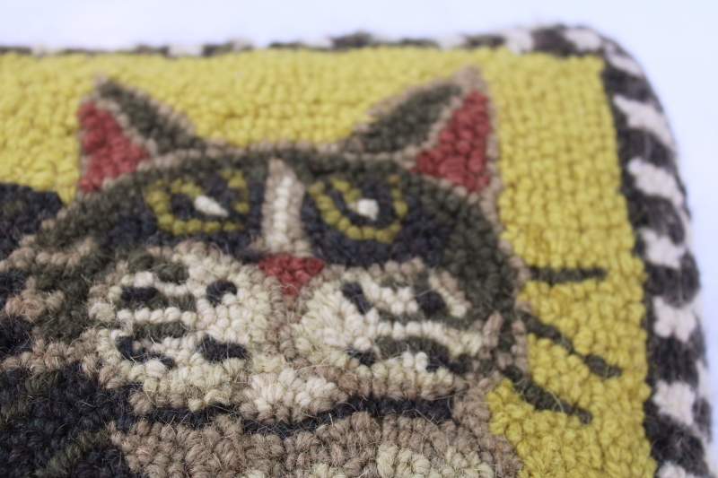 photo of fat kitty cat w/ flowers folk art vintage hooked wool pillow, primitive style  #2