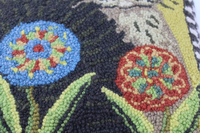 photo of fat kitty cat w/ flowers folk art vintage hooked wool pillow, primitive style  #3
