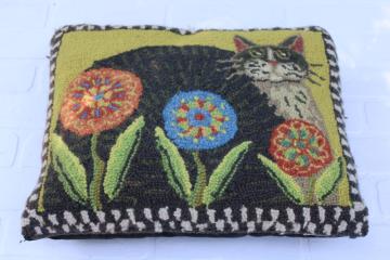 fat kitty cat w/ flowers folk art vintage hooked wool pillow, primitive style 