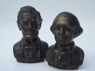 catalog photo of faux bronze ceramic bust miniatures, busts of Washington and Lincoln