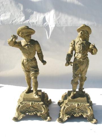 photo of faux french bronzes, pair of vintage cast spelter cavalier figures, antique gold finish #1