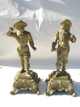 catalog photo of faux french bronzes, pair of vintage cast spelter cavalier figures, antique gold finish