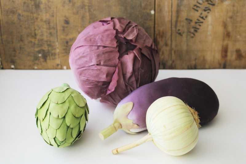 photo of faux silk vegetables, life size eggplant, artichoke, onion, red cabbage, photo prop kitchen decor  #1